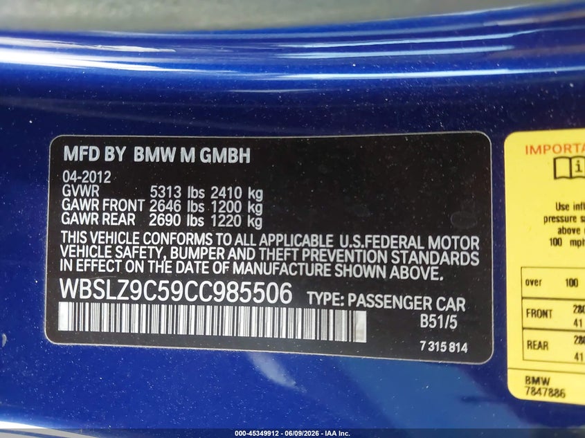 2012 BMW M6 VIN: WBSLZ9C59CC985506 Lot: 45349912