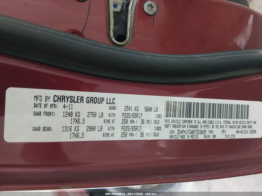 2011 Dodge Journey Mainstreet VIN: 3D4PH1FG0BT553029 Lot: 45349914