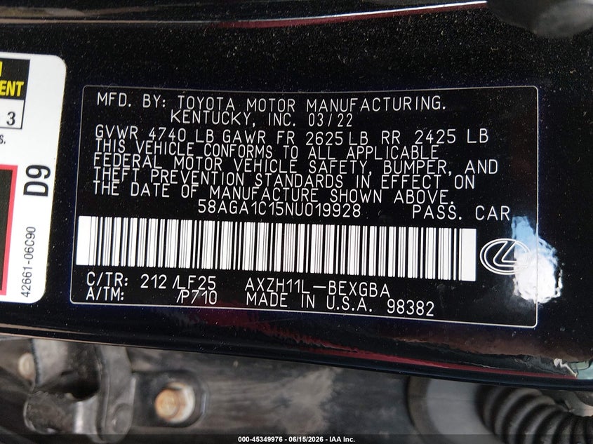 2022 LEXUS ES SEDAN 2.5L I-4 DI, DOHC, VVT, 176HP