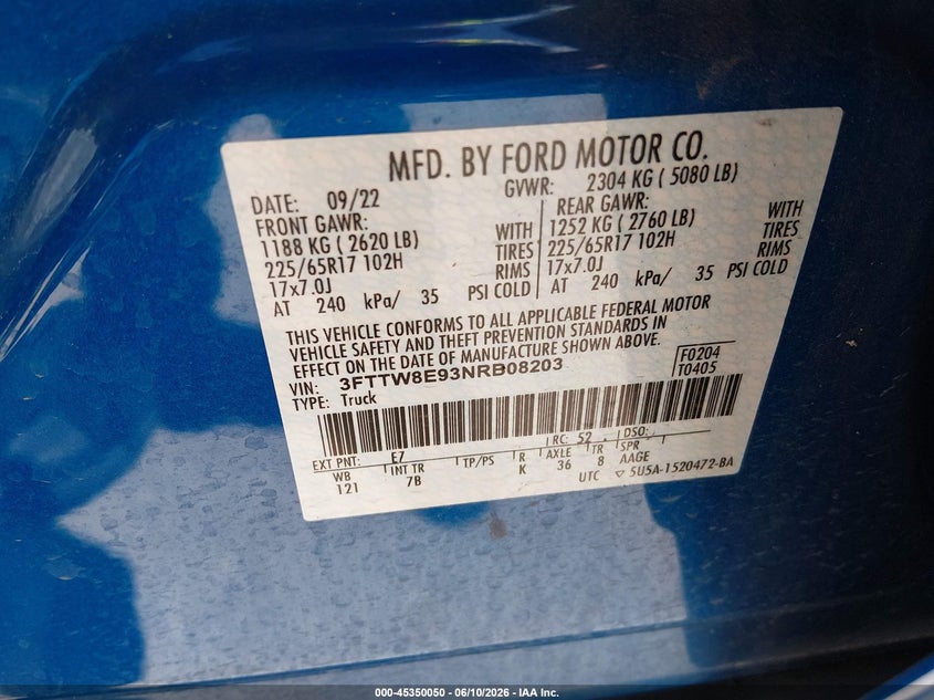 2022 Ford Maverick Xlt VIN: 3FTTW8E93NRB08203 Lot: 45350050