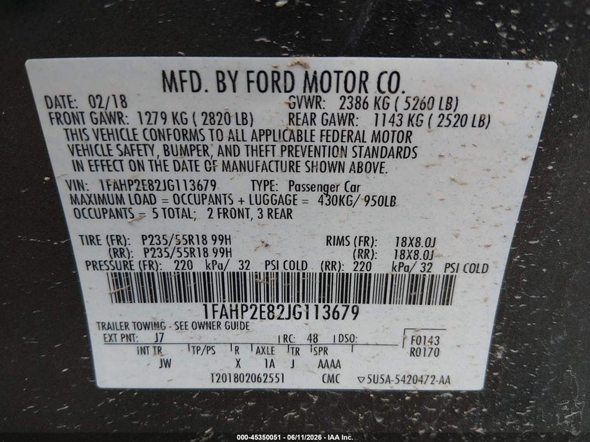 2018 Ford Taurus Sel VIN: 1FAHP2E82JG113679 Lot: 45350051