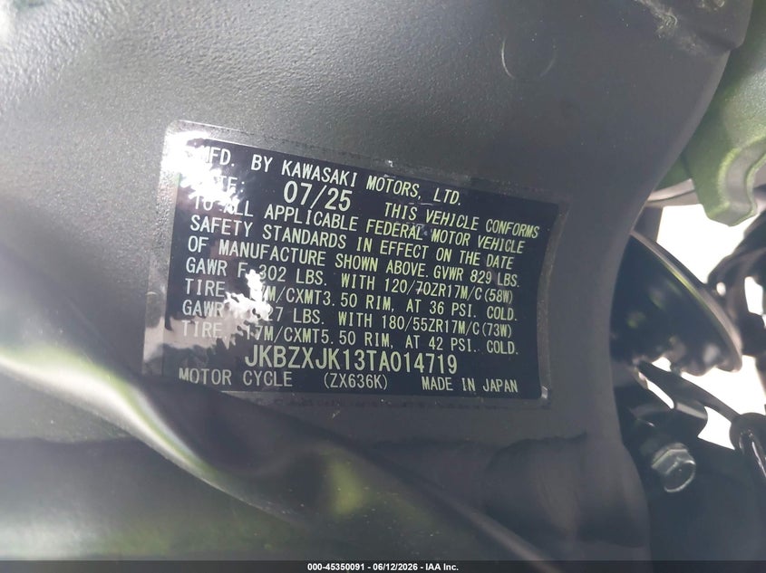 2026 Kawasaki Zx636 K VIN: JKBZXJK13TA014719 Lot: 45350091