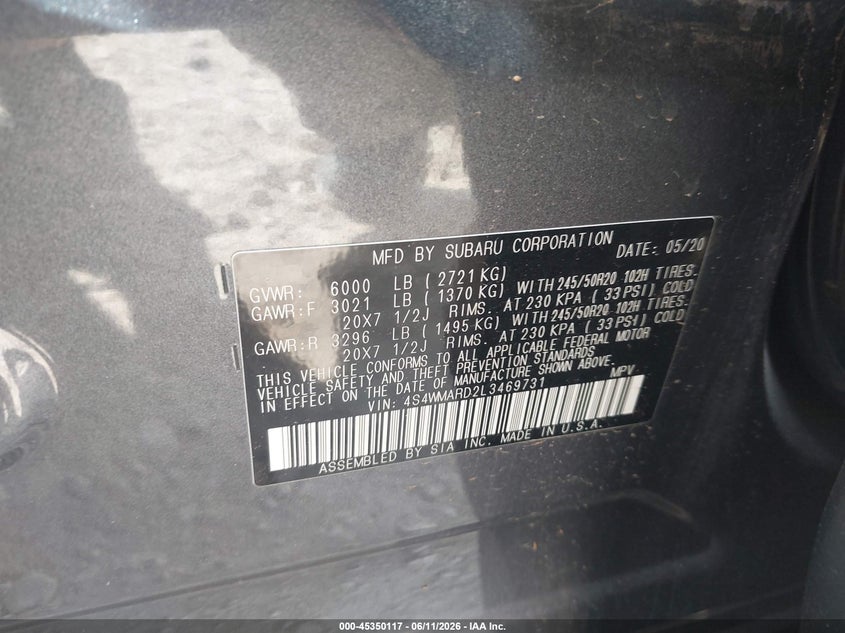 2020 Subaru Ascent Touring VIN: 4S4WMARD2L3469731 Lot: 45350117