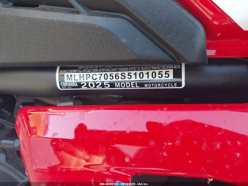 2025 Honda Cbr500 Ra VIN: MLHPC7056S5101055 Lot: 45350135