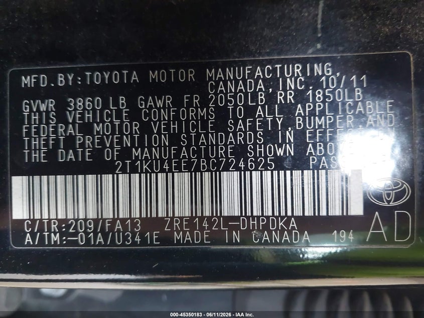 2011 Toyota Matrix VIN: 2T1KU4EE7BC724625 Lot: 45350183