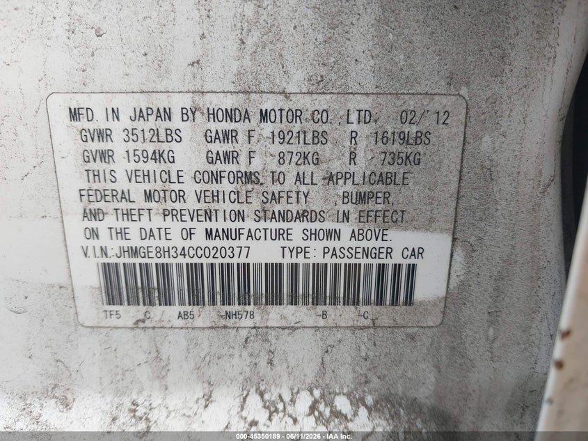 2012 HONDA FIT HATCHBACK 1.5L I-4 VVT, 117HP