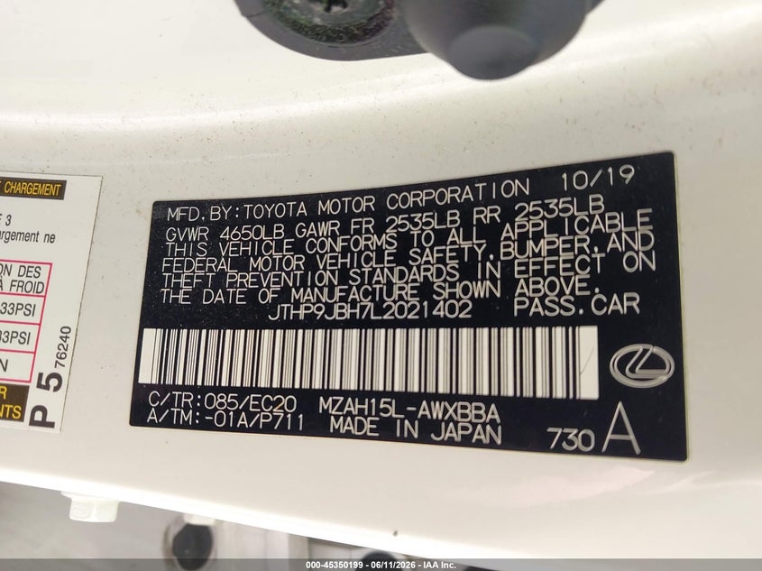 2020 Lexus Ux 250H VIN: JTHP9JBH7L2021402 Lot: 45350199