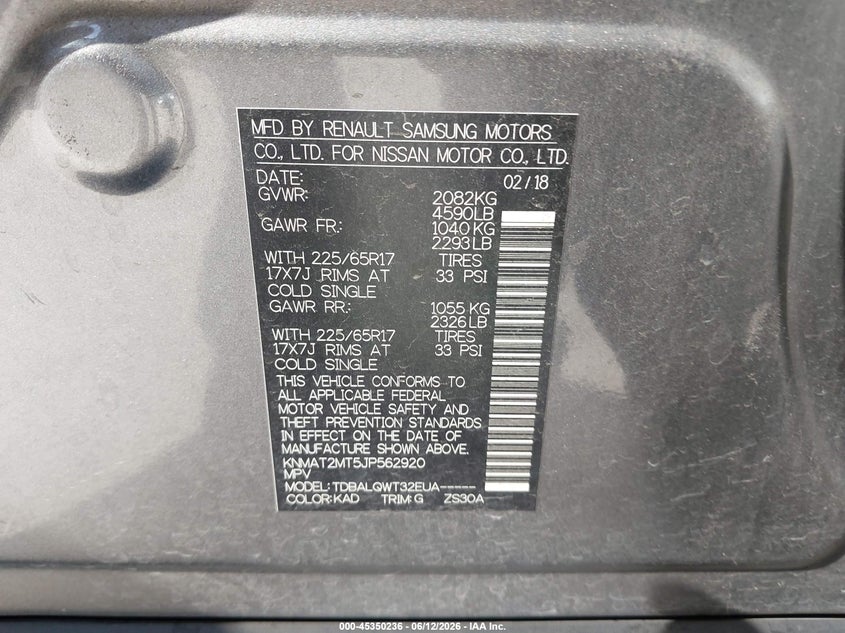 VIN KNMAT2MT5JP562920 2018 NISSAN ROGUE SV