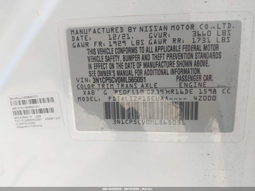 2021 Nissan Kicks Sv Xtronic Cvt VIN: 3N1CP5CV0ML565051 Lot: 45350259