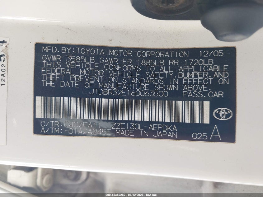 2006 TOYOTA COROLLA SEDAN 1.8L I-4 DOHC, VVT, 126HP