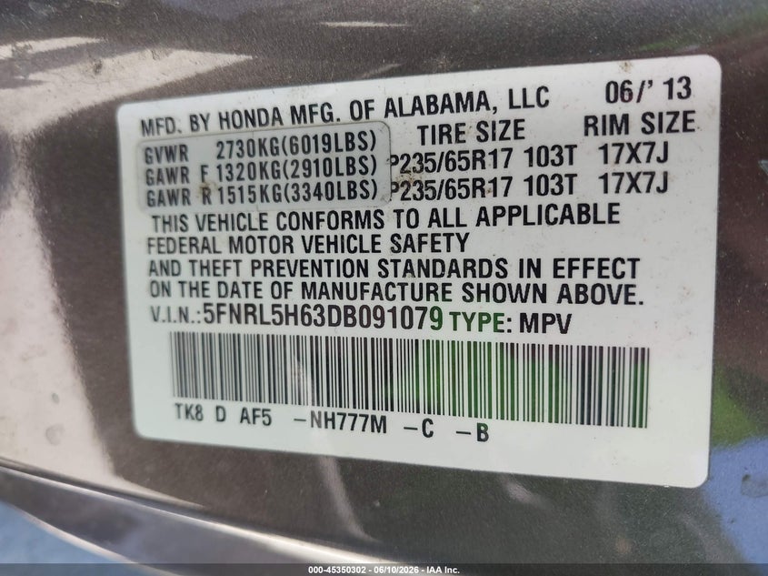 2013 Honda Odyssey Ex-L VIN: 5FNRL5H63DB091079 Lot: 45350302