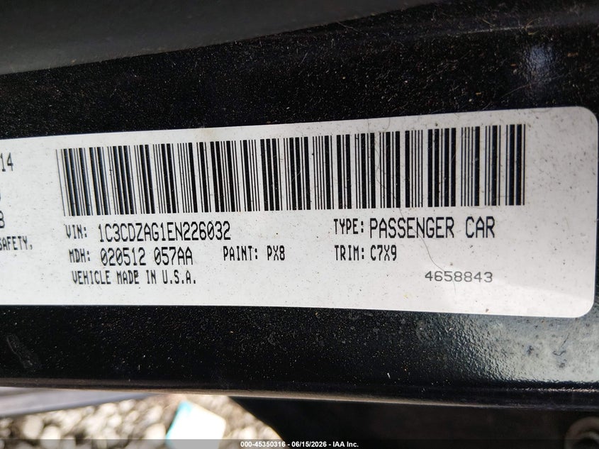 2014 Dodge Avenger Se VIN: 1C3CDZAG1EN226032 Lot: 45350316