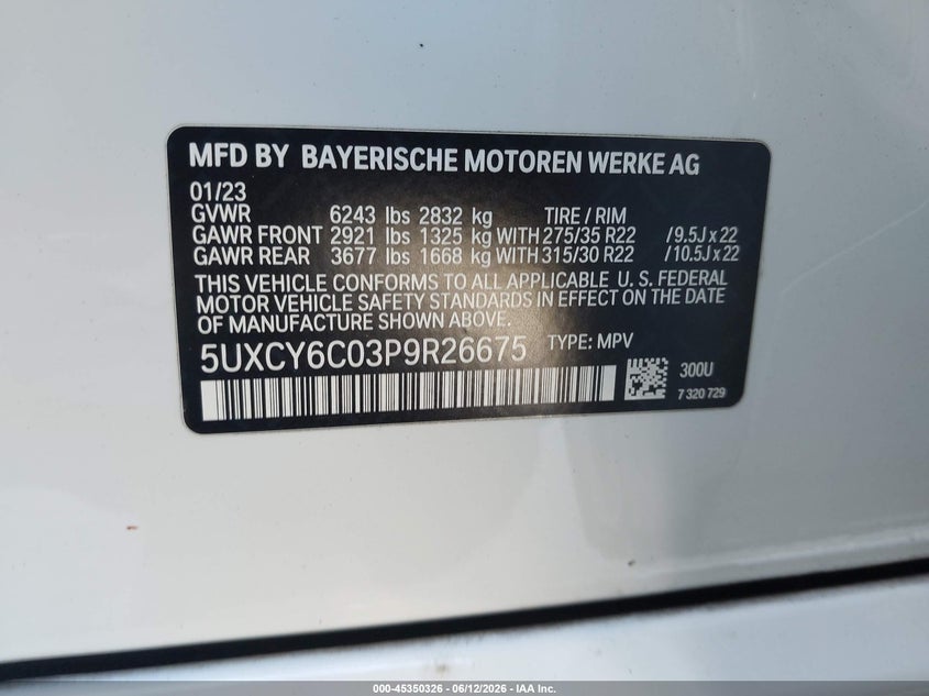 2023 BMW X6 xDrive40I VIN: 5UXCY6C03P9R26675 Lot: 45350326