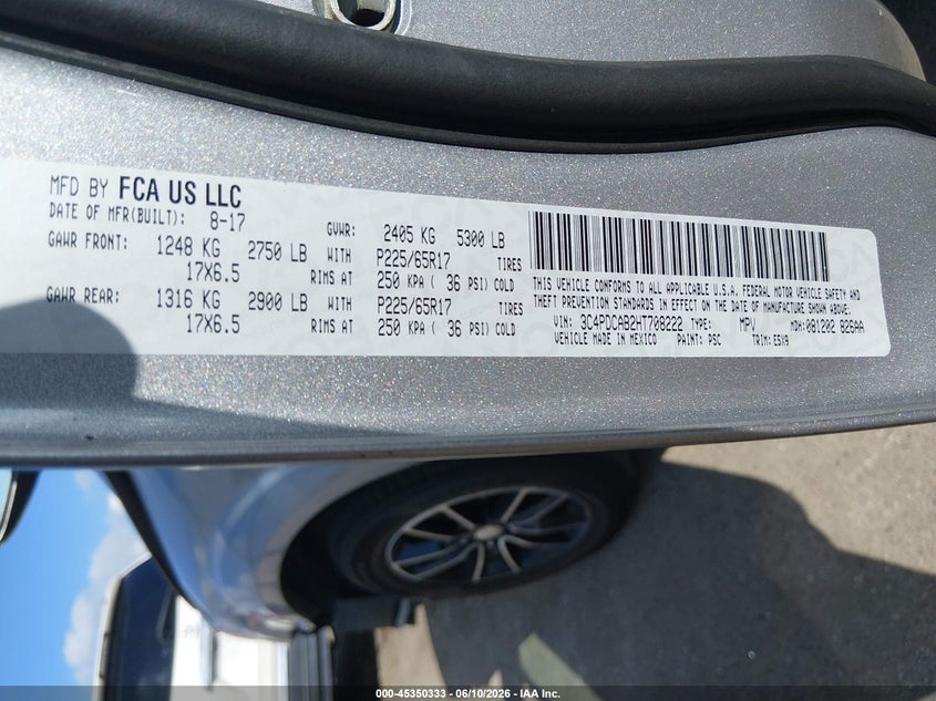 2017 Dodge Journey Se VIN: 3C4PDCAB2HT708222 Lot: 45350333