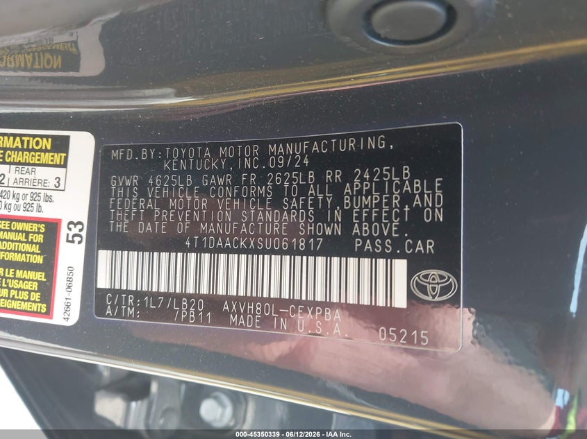 2025 TOYOTA CAMRY 2.5L I-4 DI, DOHC, V(VIN: 4T1DAACKXSU061817