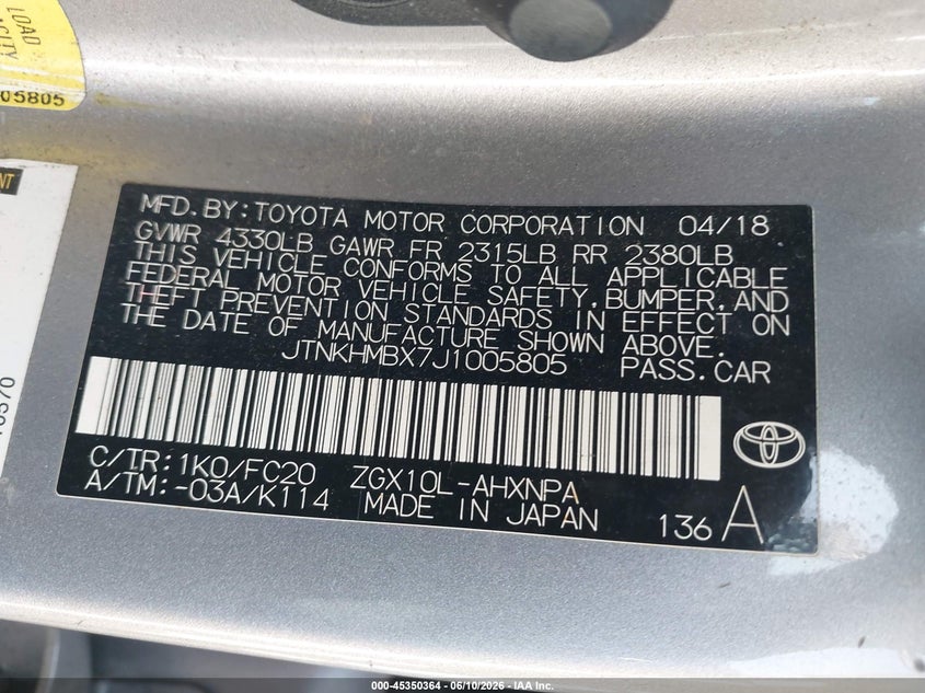 2018 Toyota C-Hr Xle VIN: JTNKHMBX7J1005805 Lot: 45350364