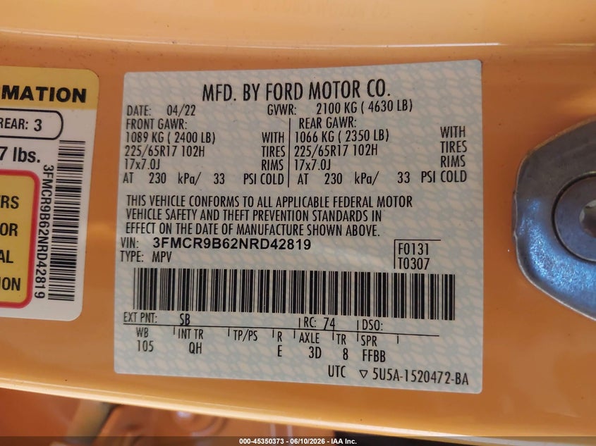 2022 Ford Bronco Sport Big Bend VIN: 3FMCR9B62NRD42819 Lot: 45350373