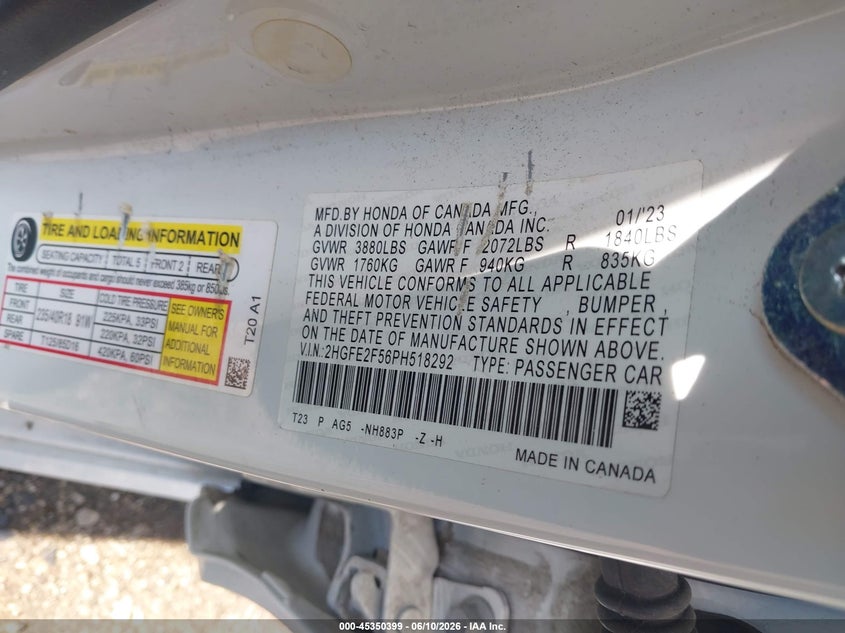 VIN 2HGFE2F56PH518292 2023 HONDA CIVIC SPORT