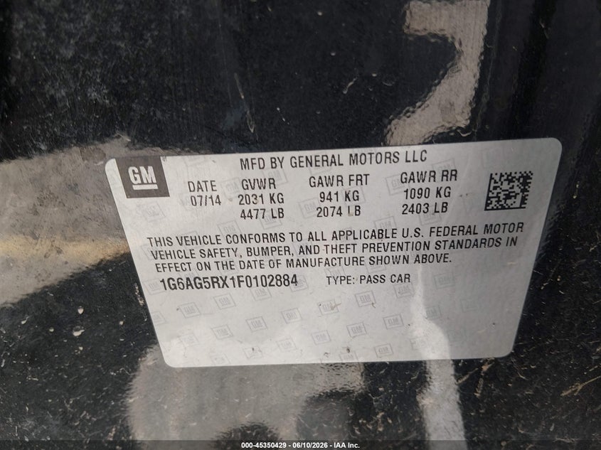 2015 Cadillac Ats Standard VIN: 1G6AG5RX1F0102884 Lot: 45350429