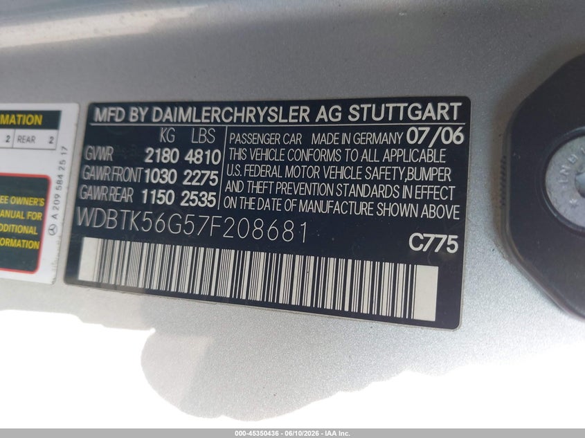 2007 Mercedes-Benz Clk 350 VIN: WDBTK56G57F208681 Lot: 45350436