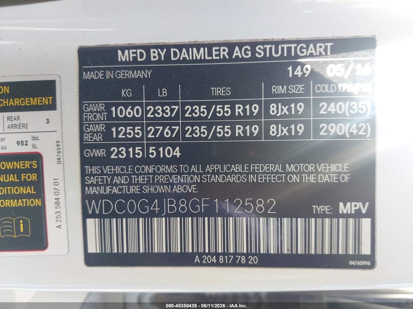 2016 Mercedes-Benz Glc 300 VIN: WDC0G4JB8GF112582 Lot: 45350439