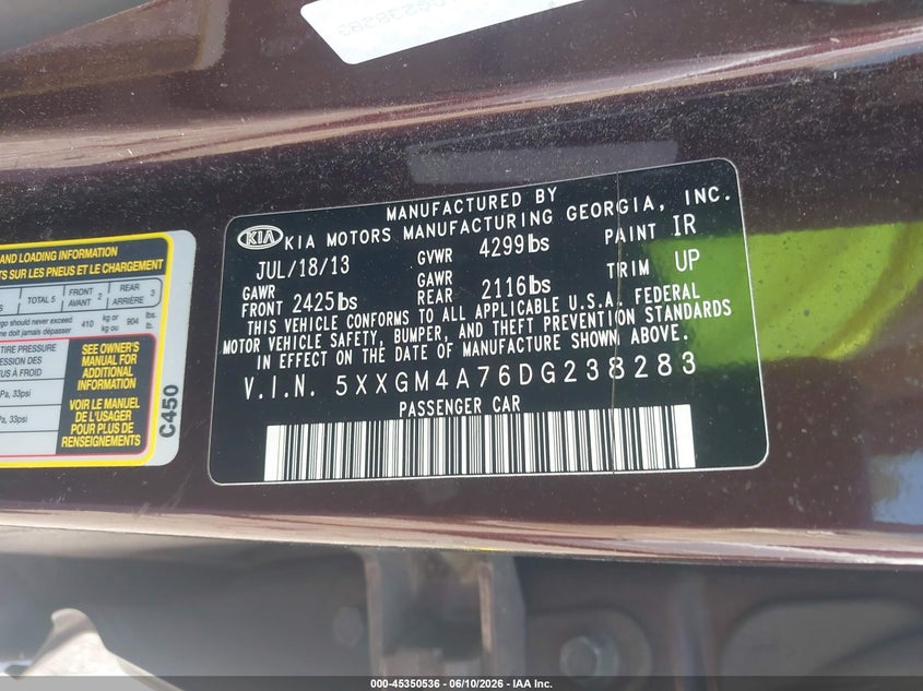 2013 KIA OPTIMA SEDAN 2.4L I-4 DI, DOHC, VVT, 200HP