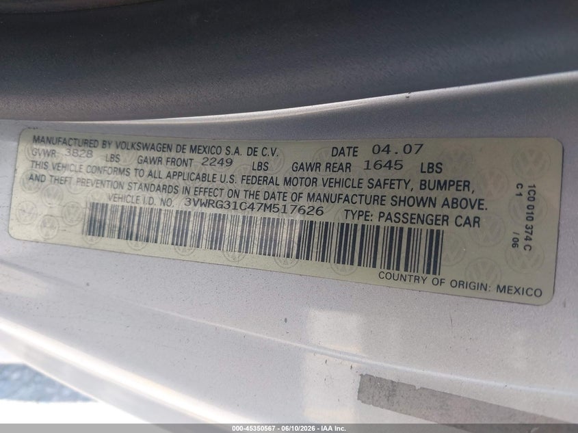 2007 Volkswagen New Beetle 2.5 VIN: 3VWRG31C47M517626 Lot: 45350567