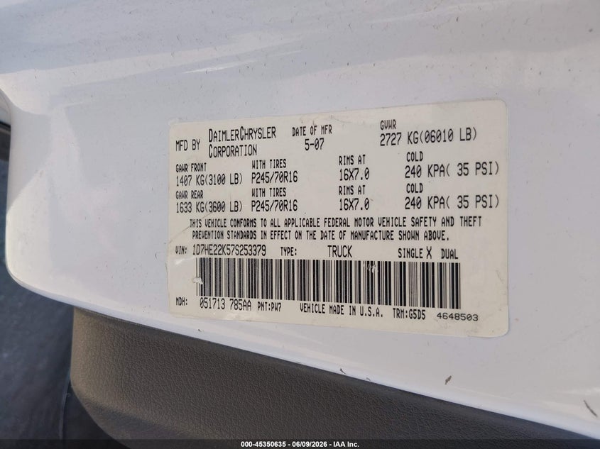 2007 Dodge Dakota St VIN: 1D7HE22K57S253379 Lot: 45350635