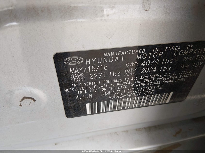 2018 Hyundai Ioniq Hybrid Sel VIN: KMHC75LC5JU103142 Lot: 45350644