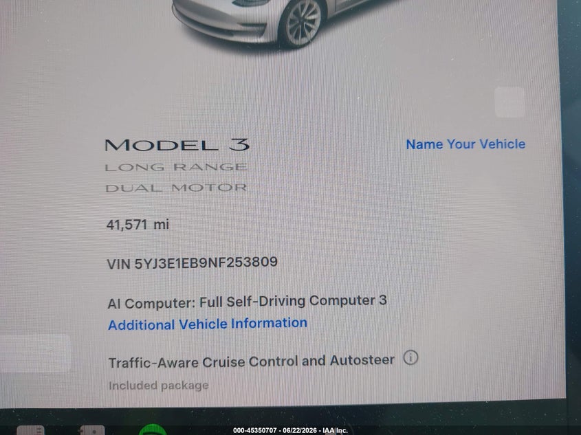 2022 Tesla Model 3 Long Range Dual Motor All-Wheel Drive VIN: 5YJ3E1EB9NF253809 Lot: 45350707