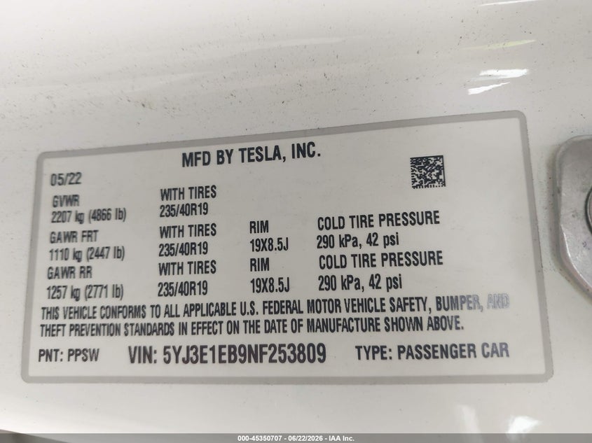 2022 Tesla Model 3 Long Range Dual Motor All-Wheel Drive VIN: 5YJ3E1EB9NF253809 Lot: 45350707