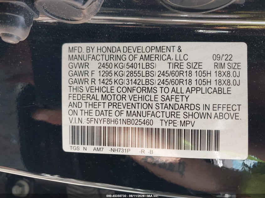2022 Honda Passport Awd Trailsport VIN: 5FNYF8H61NB025460 Lot: 45350730