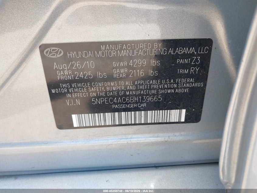 2011 HYUNDAI SONATA SEDAN 2.4L I-4 DI, DOHC, VVT, 200HP