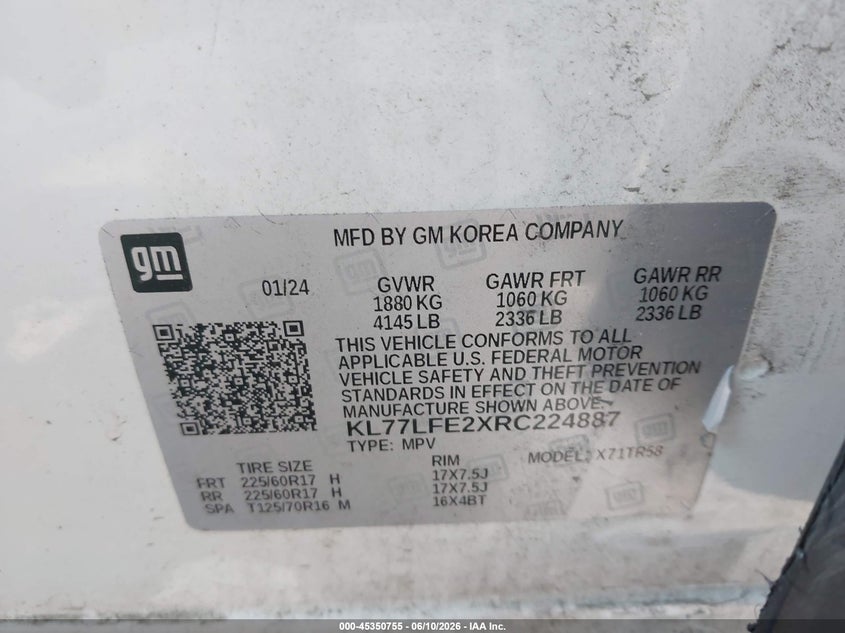 2024 Chevrolet Trax Fwd Sp VIN: KL77LFE2XRC224887 Lot: 45350755