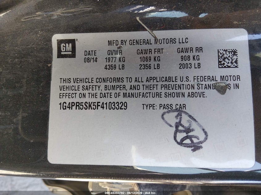 2015 BUICK VERANO SEDAN 2.4L I-4 DI, DOHC, VVT, 180HP