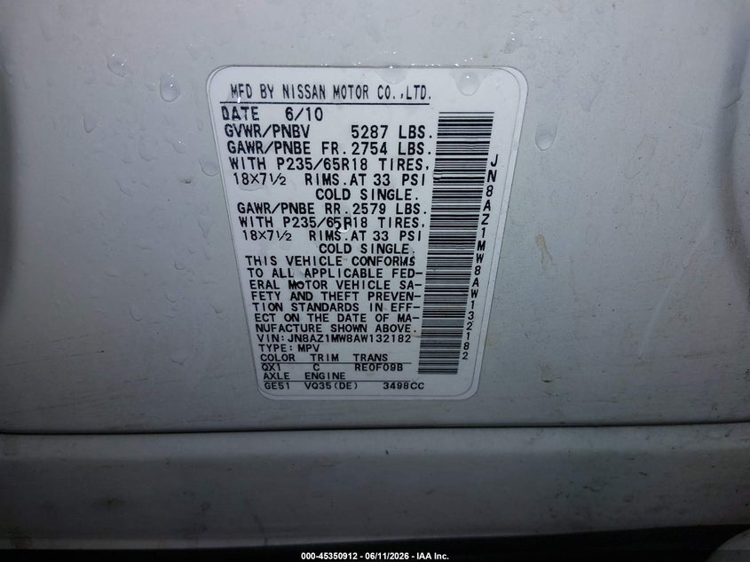 NISSAN MURANO 2010 VIN JN8AZ1MW8AW132182