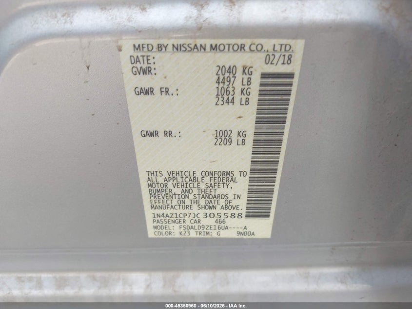 2018 Nissan Leaf Sv VIN: 1N4AZ1CP7JC305588 Lot: 45350960