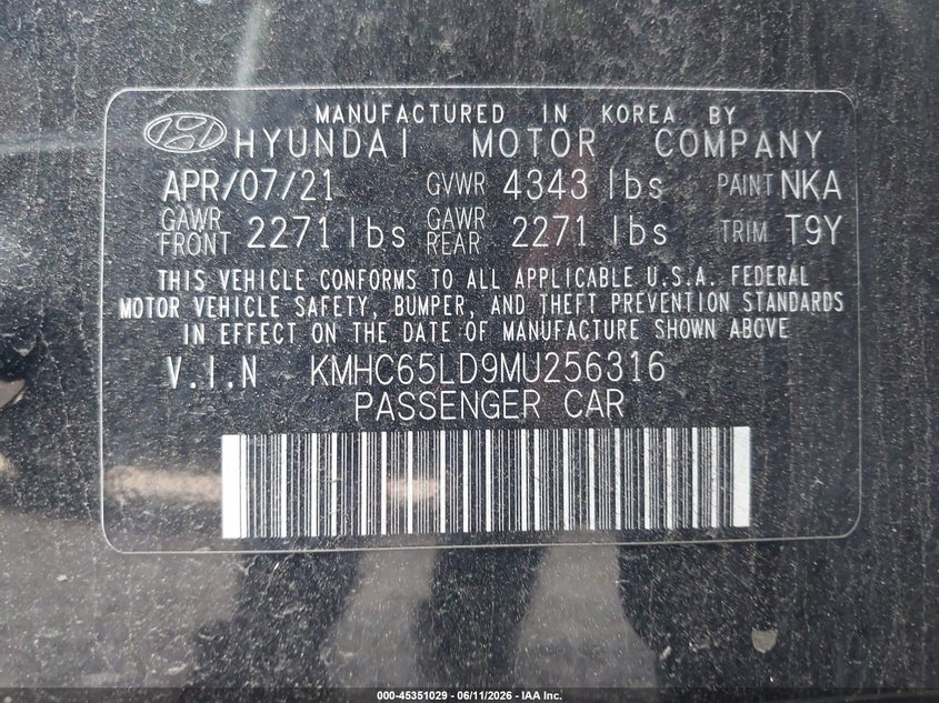 2021 Hyundai Ioniq Plug-In Hybrid Se VIN: KMHC65LD9MU256316 Lot: 45351029