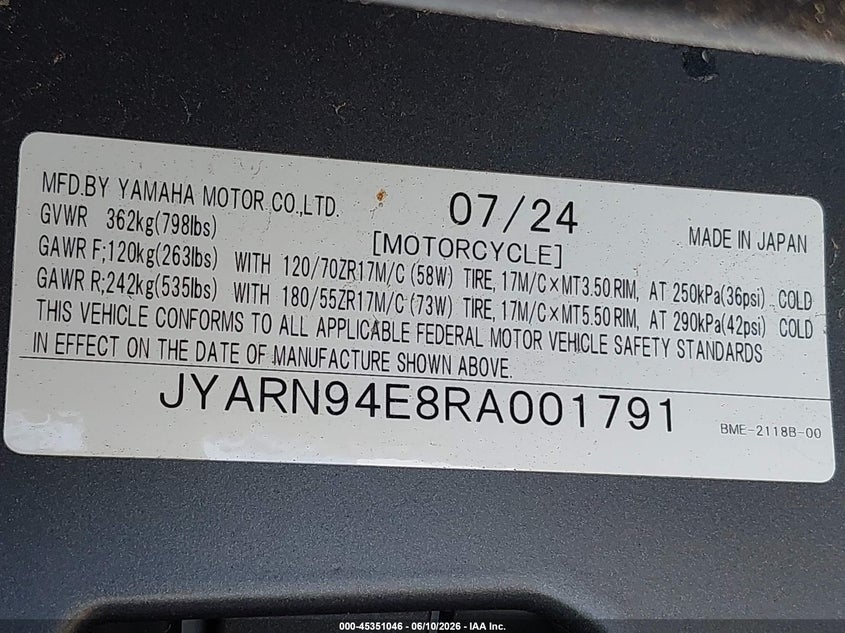 2024 Yamaha Mt09 VIN: JYARN94E8RA001791 Lot: 45351046