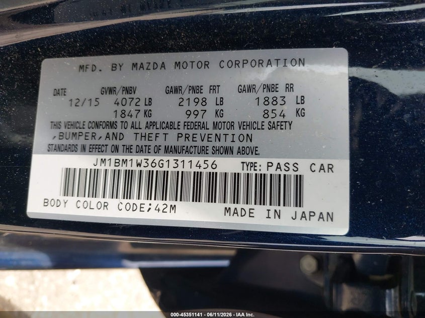 2016 MAZDA 3 SEDAN 2.5L I-4 DI, DOHC, VVT, 184HP