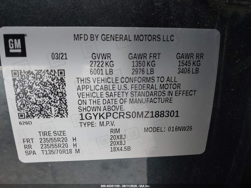 2021 Cadillac Xt6 Fwd Premium Luxury VIN: 1GYKPCRS0MZ188301 Lot: 45351159
