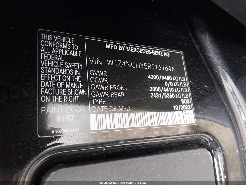 2024 Mercedes-Benz Sprinter 2500 High Roof 4-Cyl Diesel Ho VIN: W1Z4NGHY5RT161646 Lot: 45351162