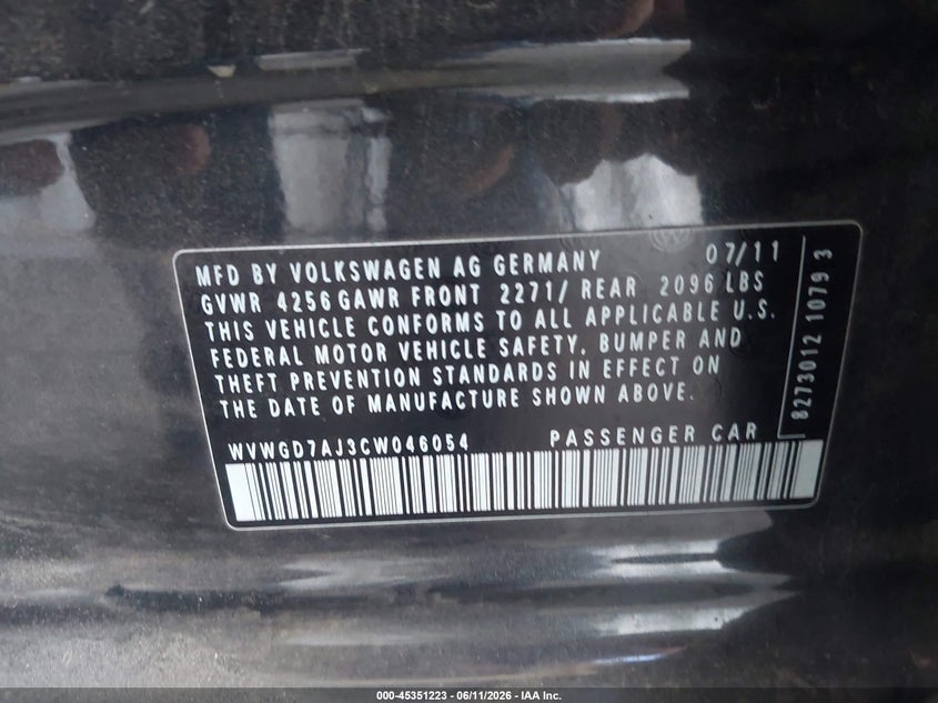 2012 Volkswagen Gti 4-Door VIN: WVWGD7AJ3CW046054 Lot: 45351223