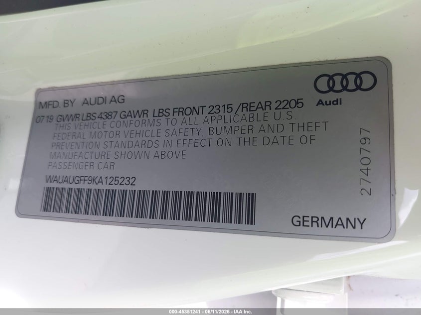 2019 Audi A3 40 Premium/40 Titanium Premium VIN: WAUAUGFF9KA125232 Lot: 45351241