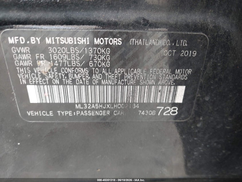 2020 Mitsubishi Mirage Le VIN: ML32A5HJXLH002184 Lot: 45351318