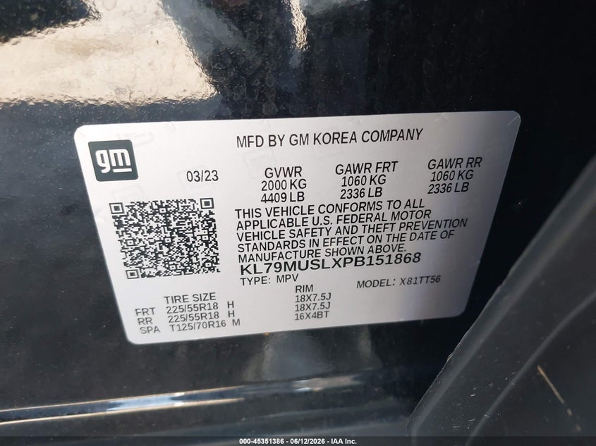 VIN KL79MUSLXPB151868 2023 CHEVROLET TRAILBLAZER AWD RS