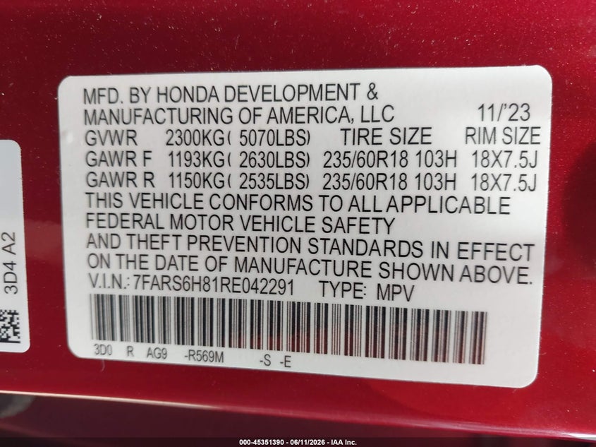 VIN 7FARS6H81RE042291 2024 HONDA CR-V HYBRID SPORT-L