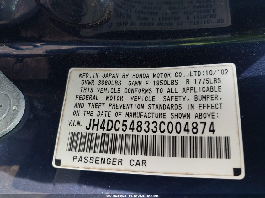 2003 Acura Rsx VIN: JH4DC54833C004874 Lot: 45351434