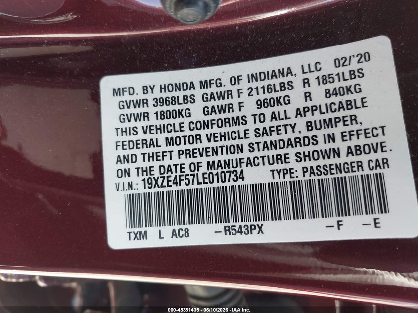 2020 Honda Insight Ex VIN: 19XZE4F57LE010734 Lot: 45351435