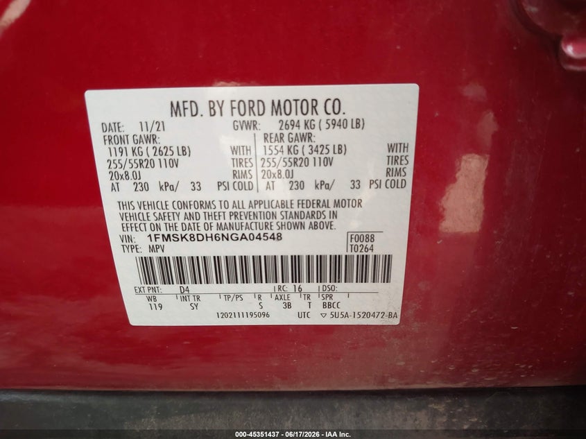 2022 Ford Explorer Xlt VIN: 1FMSK8DH6NGA04548 Lot: 45351437